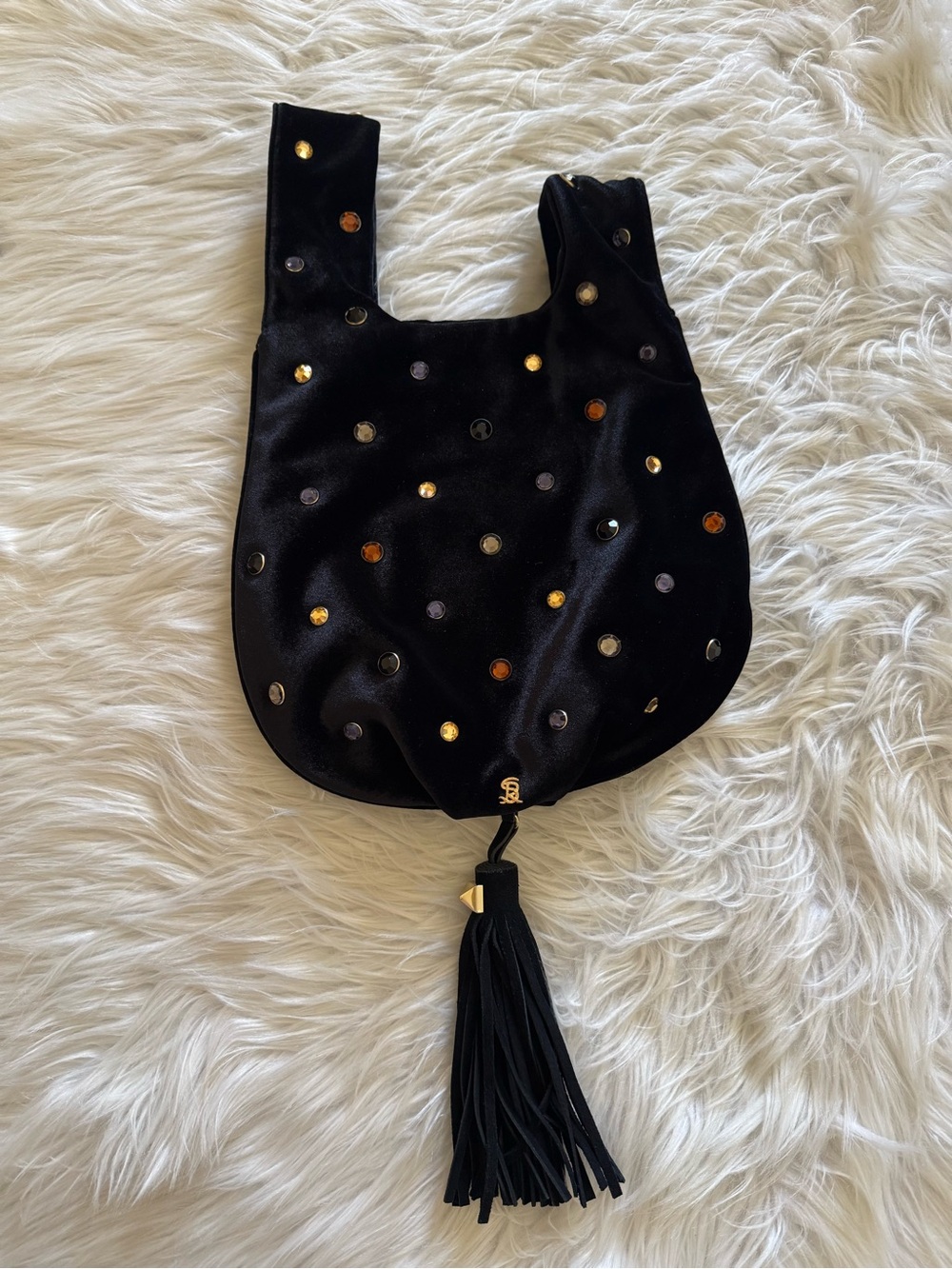 Sonia Rykiel Velvet Studded Evening Bag Tassel Fringe Black